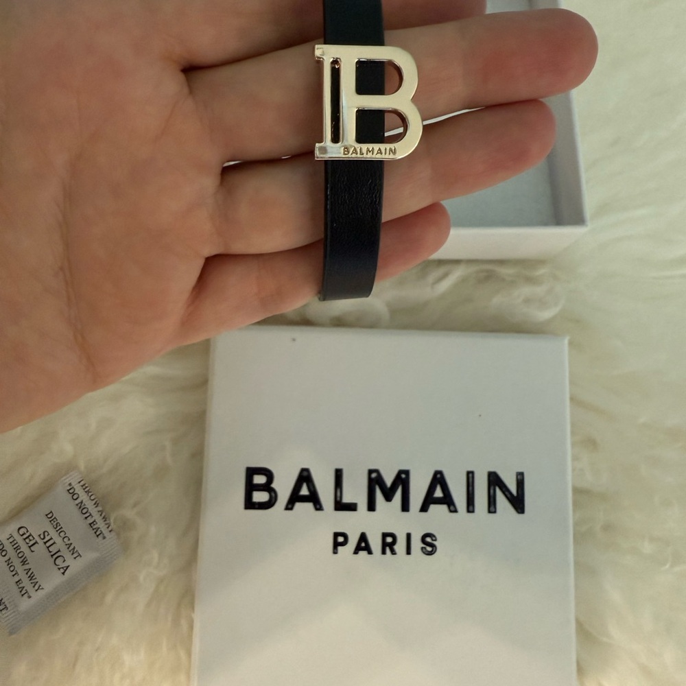 New Authentic Balmain Black Leather Bracelet with light yellow Gold Emblem